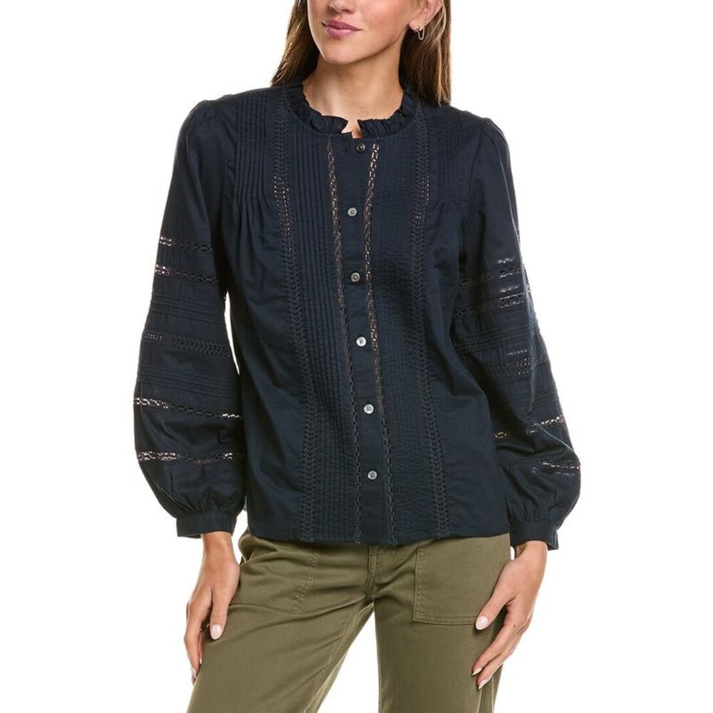 Madewell Womens  High-Neck Lace Insert Pintuck Top, Navy